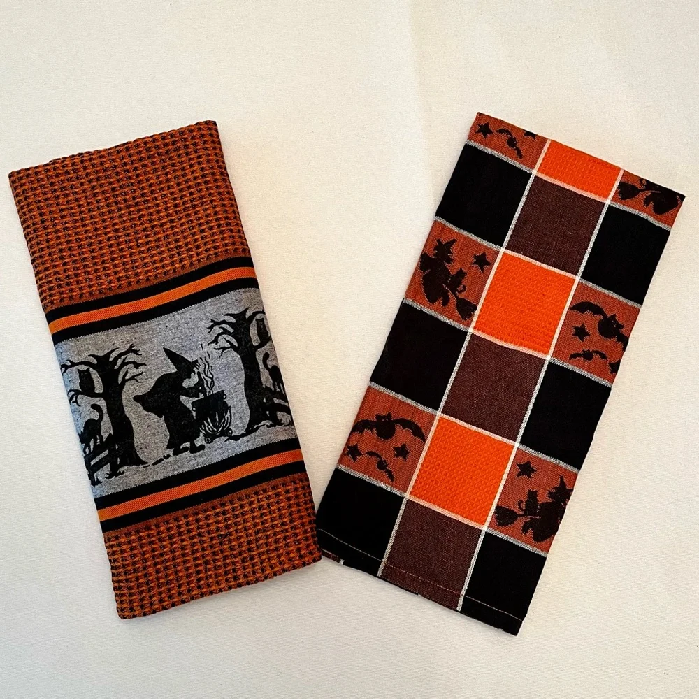 VTG 90s Old World Buffalo Check Spooky Halloween Hand Towels Witch Black Cat Bat
